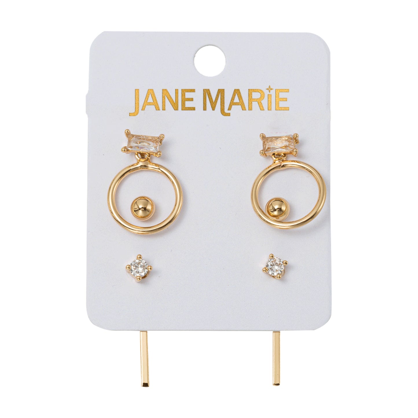 Set of 3 Earrings, Crystal with Hoop, Gold Ball, Crystal with Jacket Bar