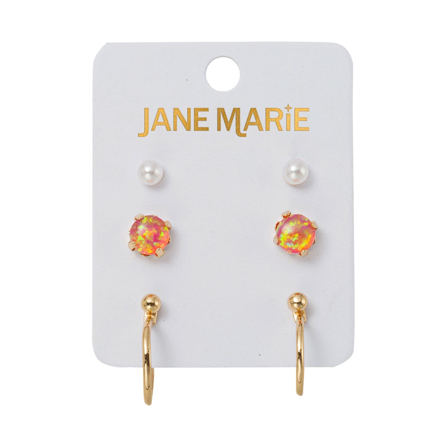 Set of 3 Earrings, Pearl, Pink Opal, Gold Ball with Hoop Jacket