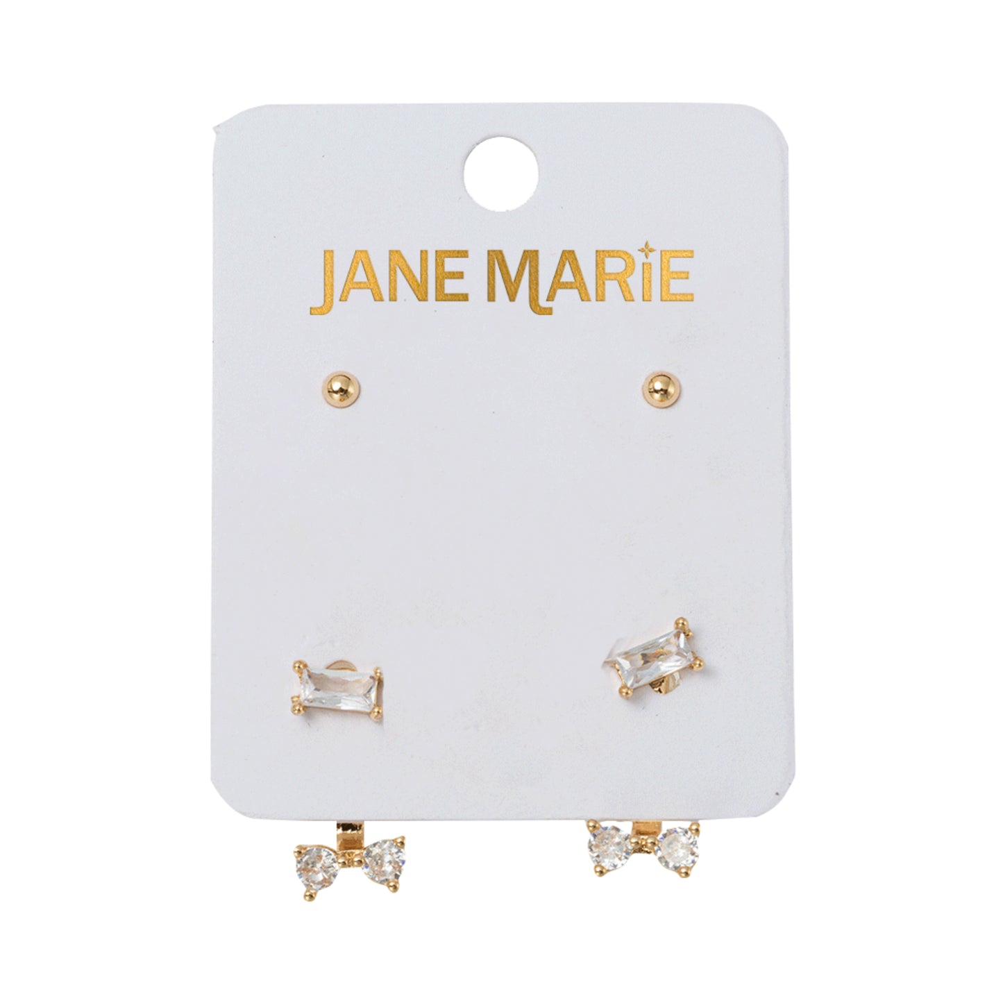 Set of 2 Earrings, Gold Ball, Crystal Double Stud Chain, Clear Crystal Double Stud Chain