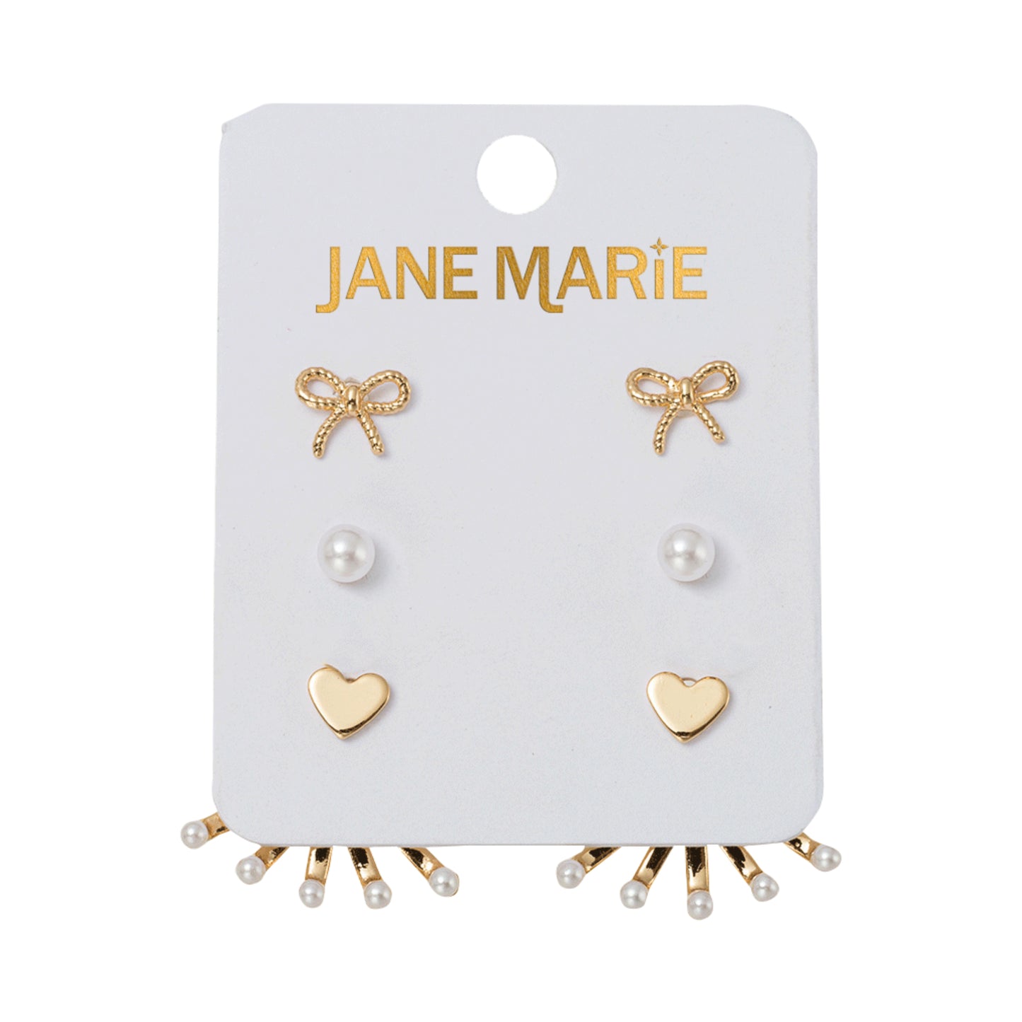 Set of 3 Earrings, Gold Bow, Pearl , Gold Heart with Pearl Tip Fan Jacket