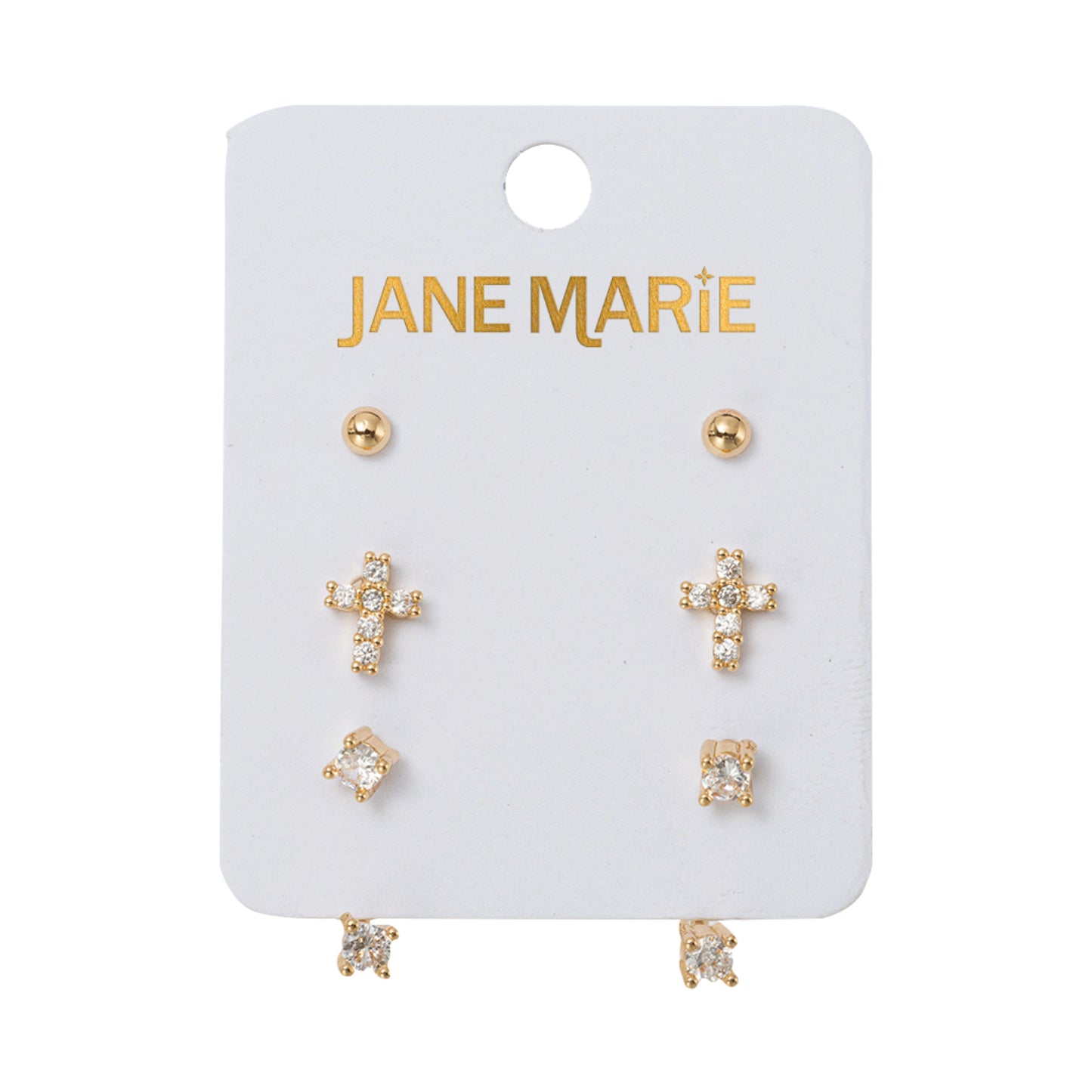 Set of 3 Earrings, Gold Ball, Crystal Cross, Crystal with Crstyal Jacket