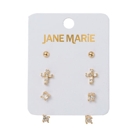 Set of 3 Earrings, Gold Ball, Crystal Cross, Crystal with Crstyal Jacket