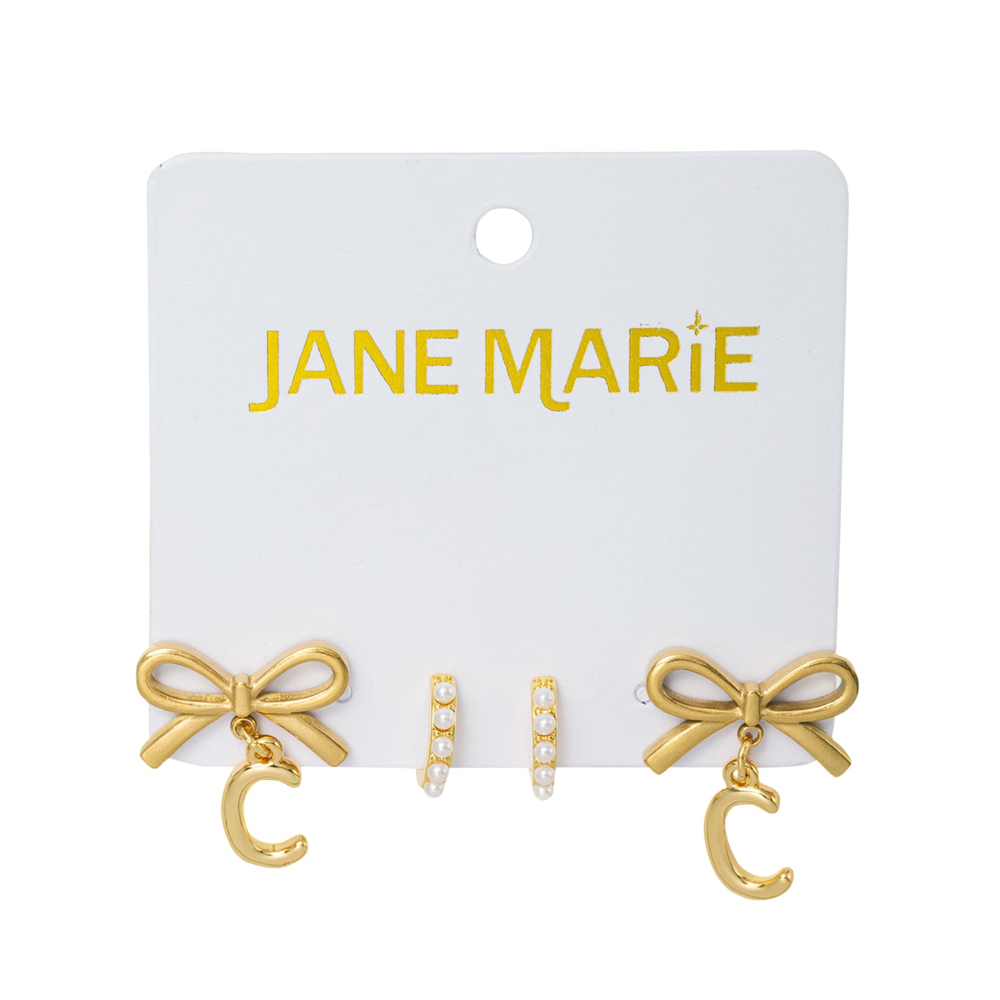 18K Gold Plated Set of 2, Pearl Huggie and Gold Bow & Initial "C" Earring