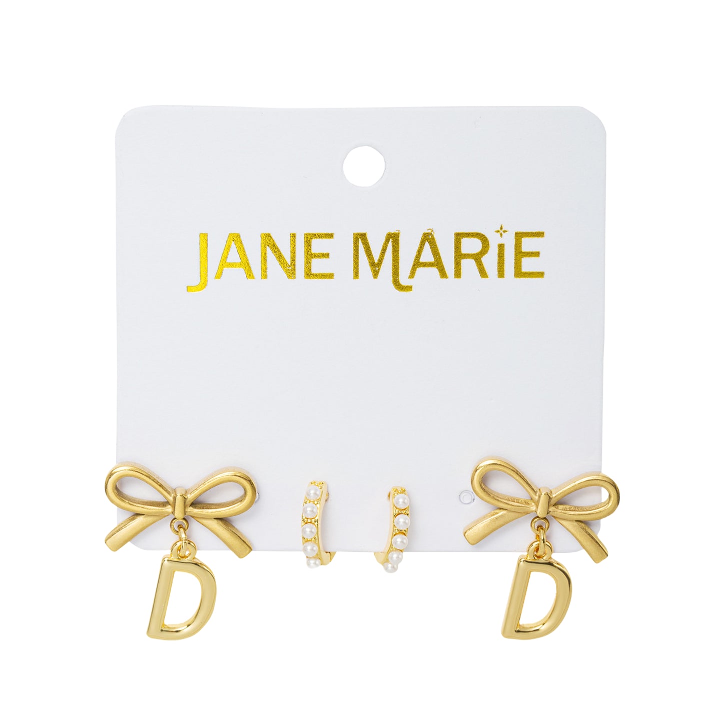 18K Gold Plated Set of 2, Pearl Huggie and Gold Bow & Initial "D" Earring