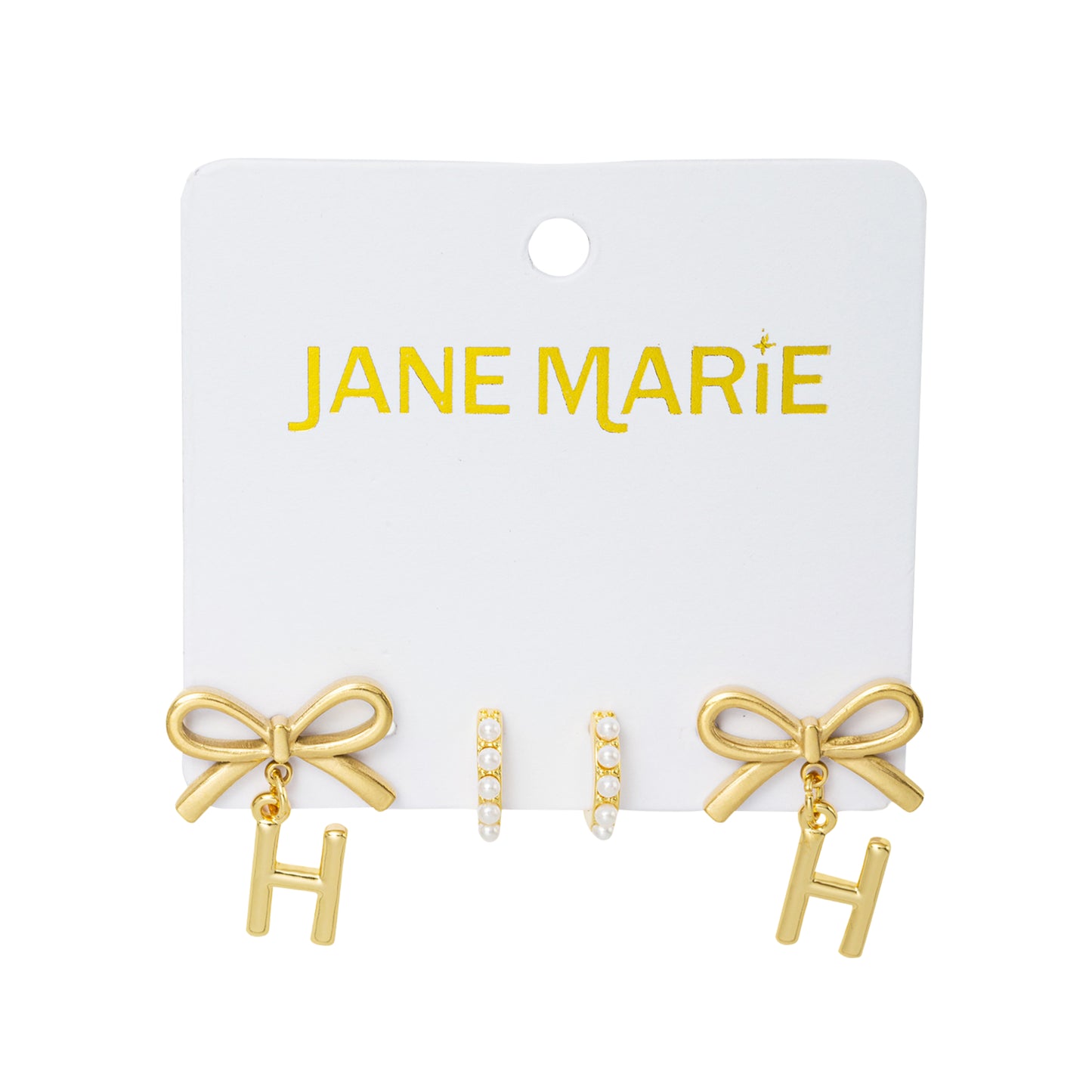 18K Gold Plated Set of 2, Pearl Huggie and Gold Bow & Initial "H" Earring