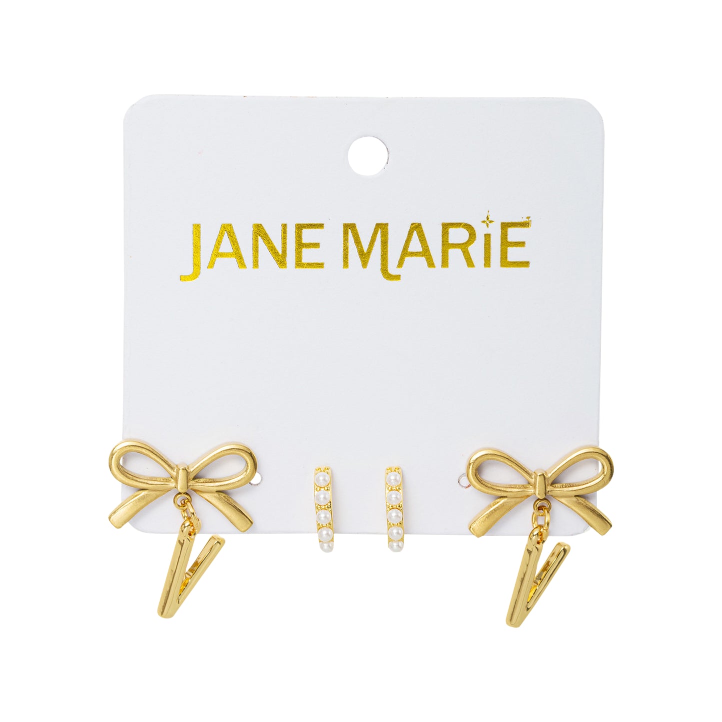 18K Gold Plated Set of 2, Pearl Huggie and Gold Bow & Initial "V" Earring