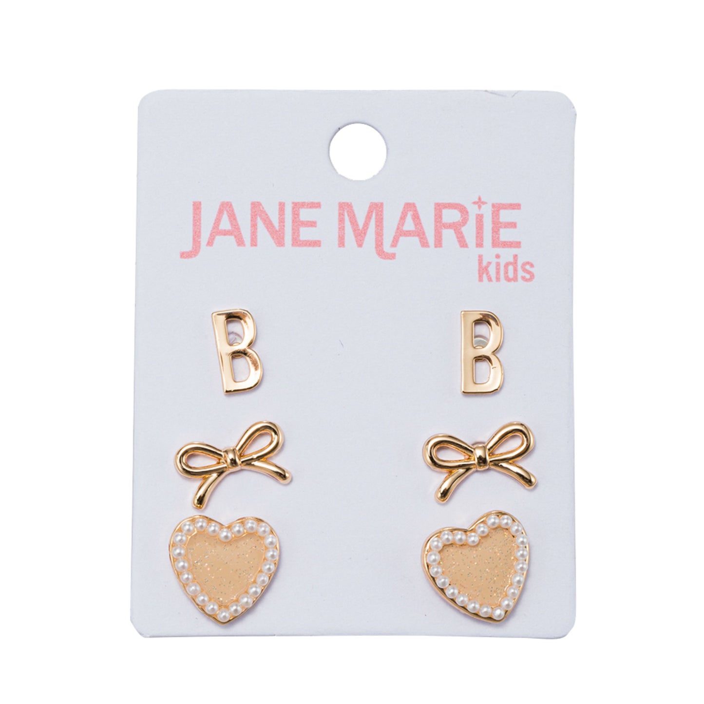 Kids Set of 3 Stud Set, Initial "B", Bow, Glitter Heart with Pearl Edges Earring