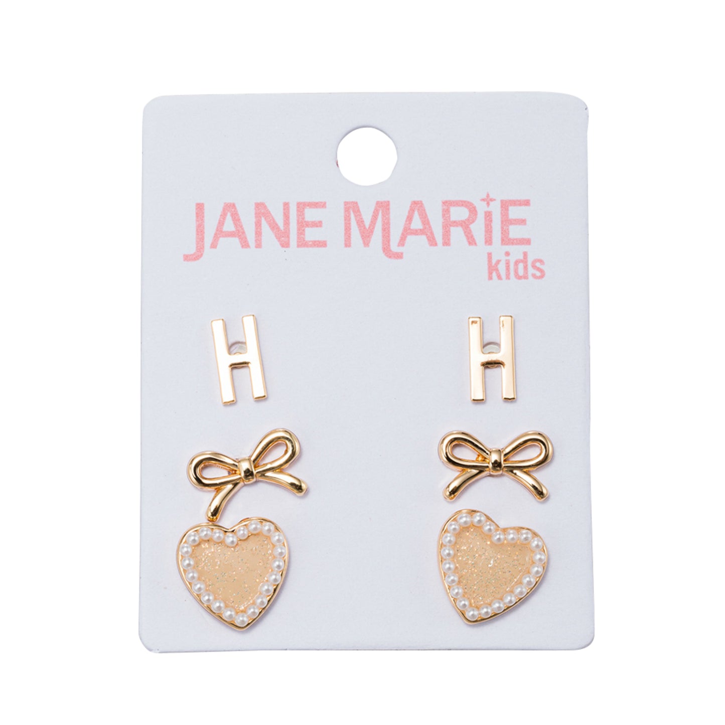 Kids Set of 3 Stud Set, Initial "H", Bow, Glitter Heart with Pearl Edges Earring