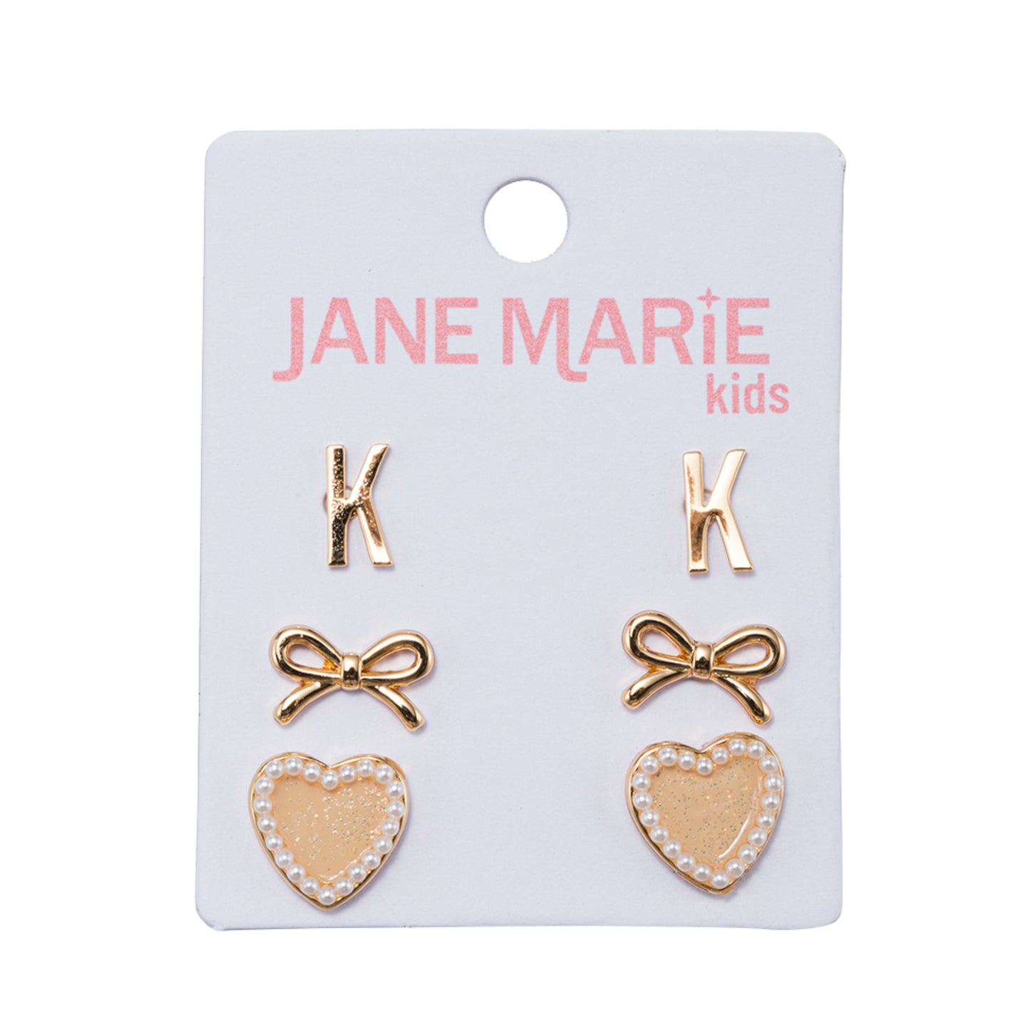 Kids Set of 3 Stud Set, Initial "K", Bow, Glitter Heart with Pearl Edges Earring