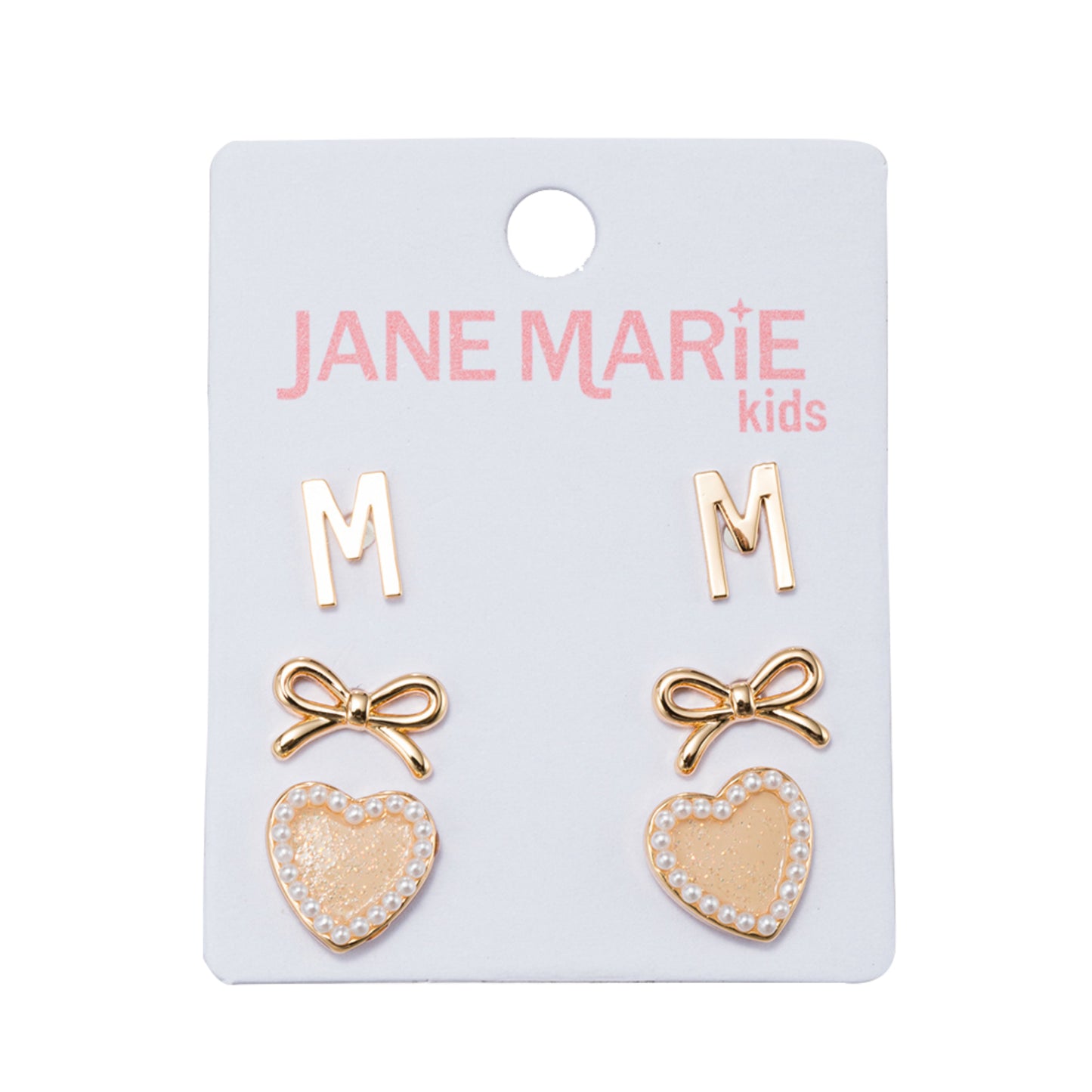 Kids Set of 3 Stud Set, Initial "M", Bow, Glitter Heart with Pearl Edges Earring