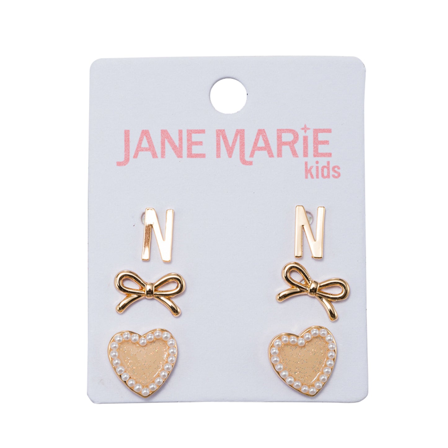 Kids Set of 3 Stud Set, Initial "N", Bow, Glitter Heart with Pearl Edges Earring