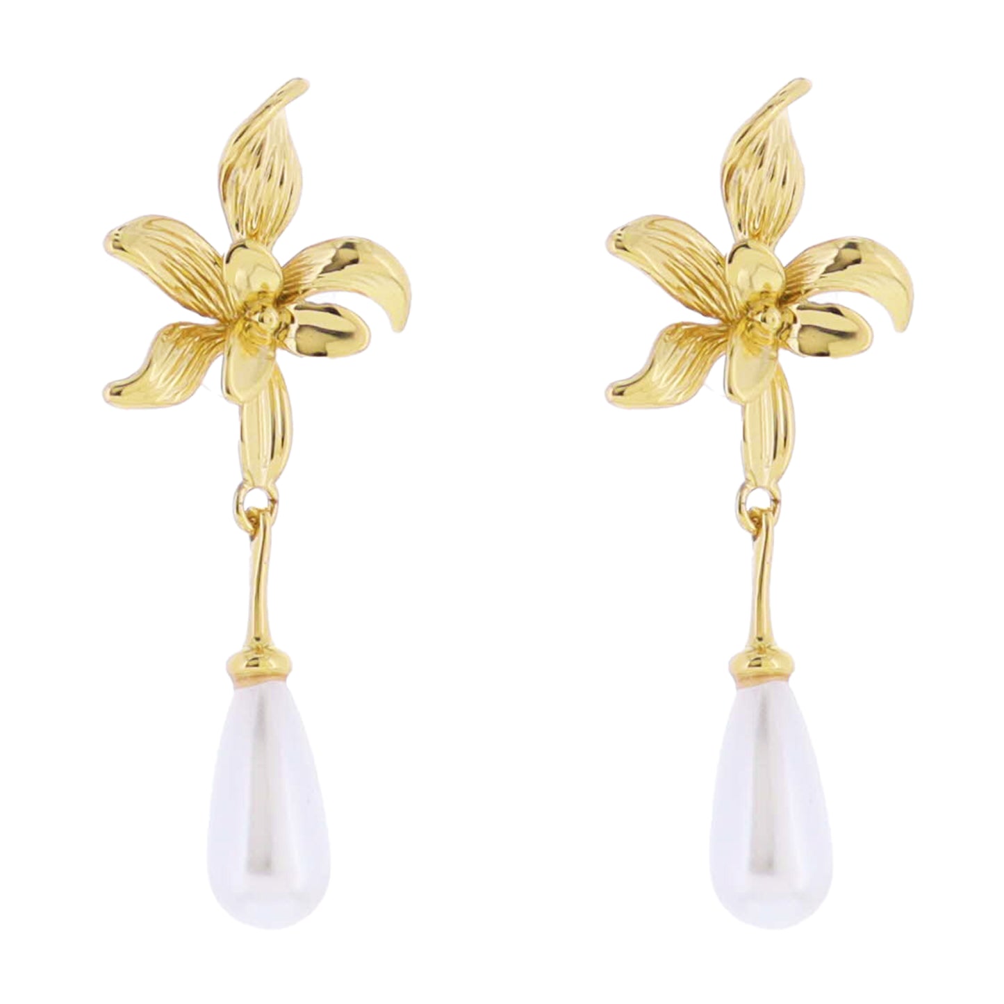 Gold Flower Post with Pearl Teardrop Earring