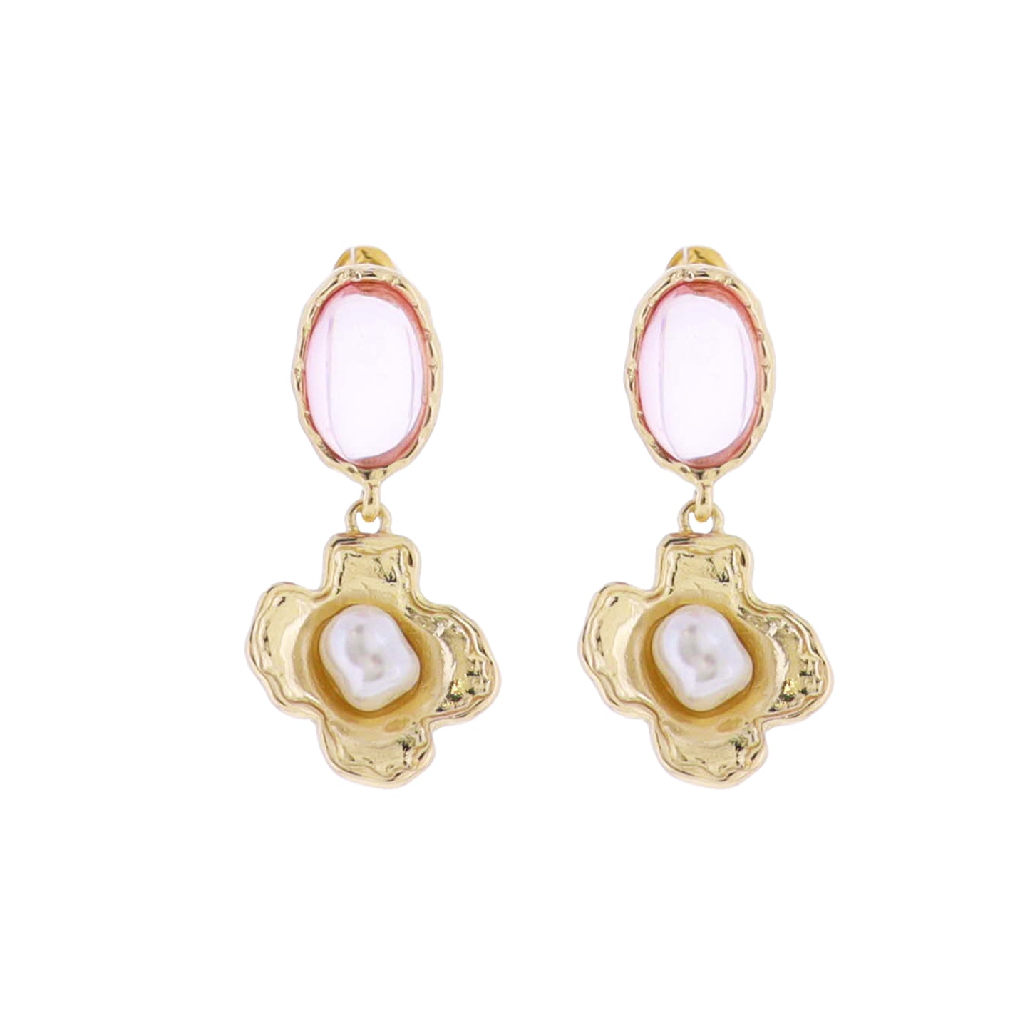 Pink, Gold Gemstone Oval Post with Gold Flower with Center Pearl Earring