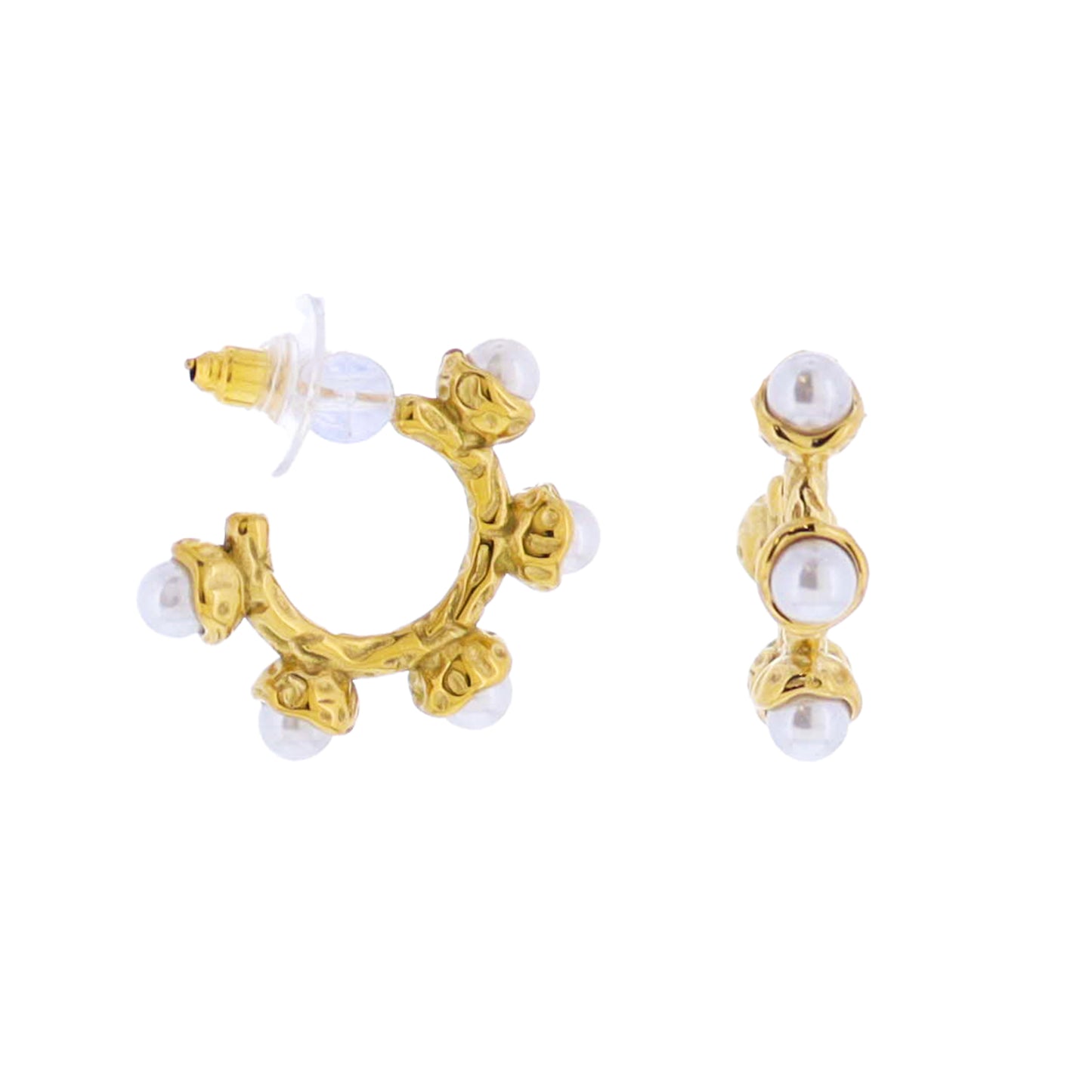 Pearl, Gold Hammered Hoop Earring