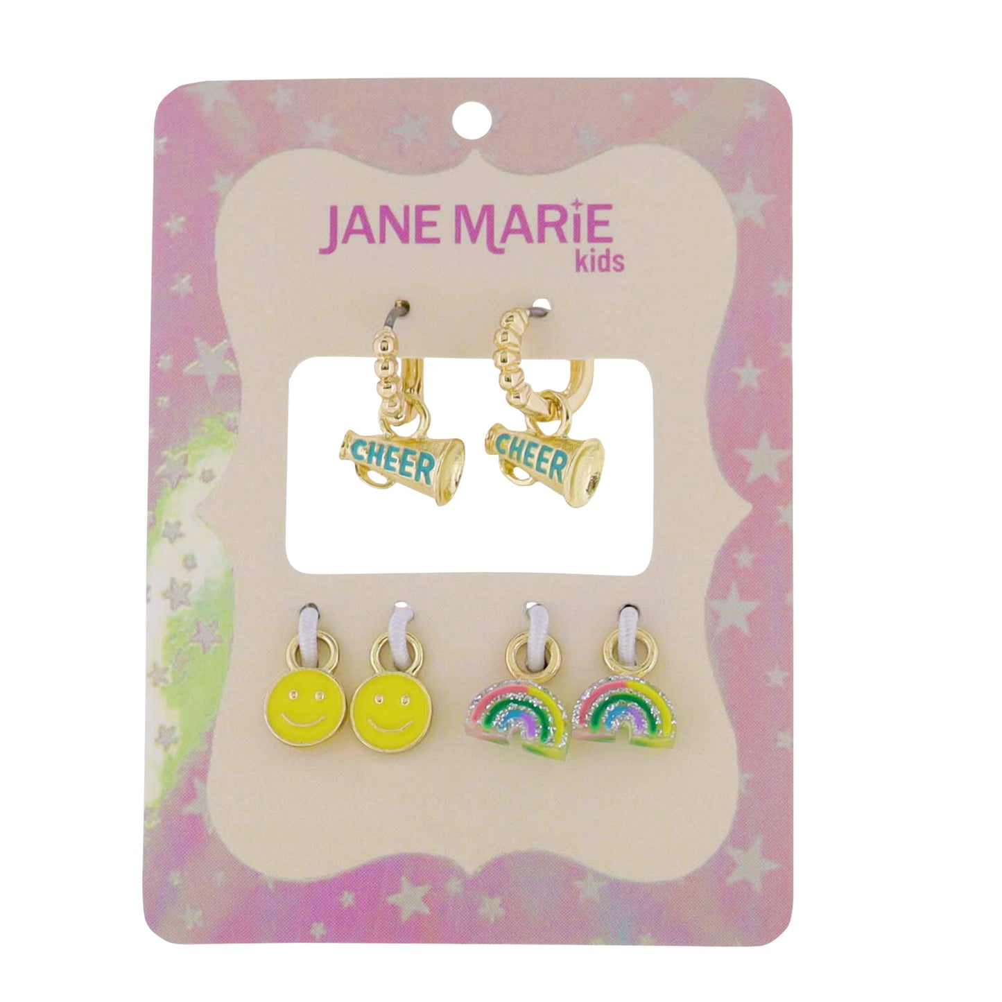 Kids Interchangeable Huggie Earring with "Cheer" Megaphone, Happy Face, Rainbow