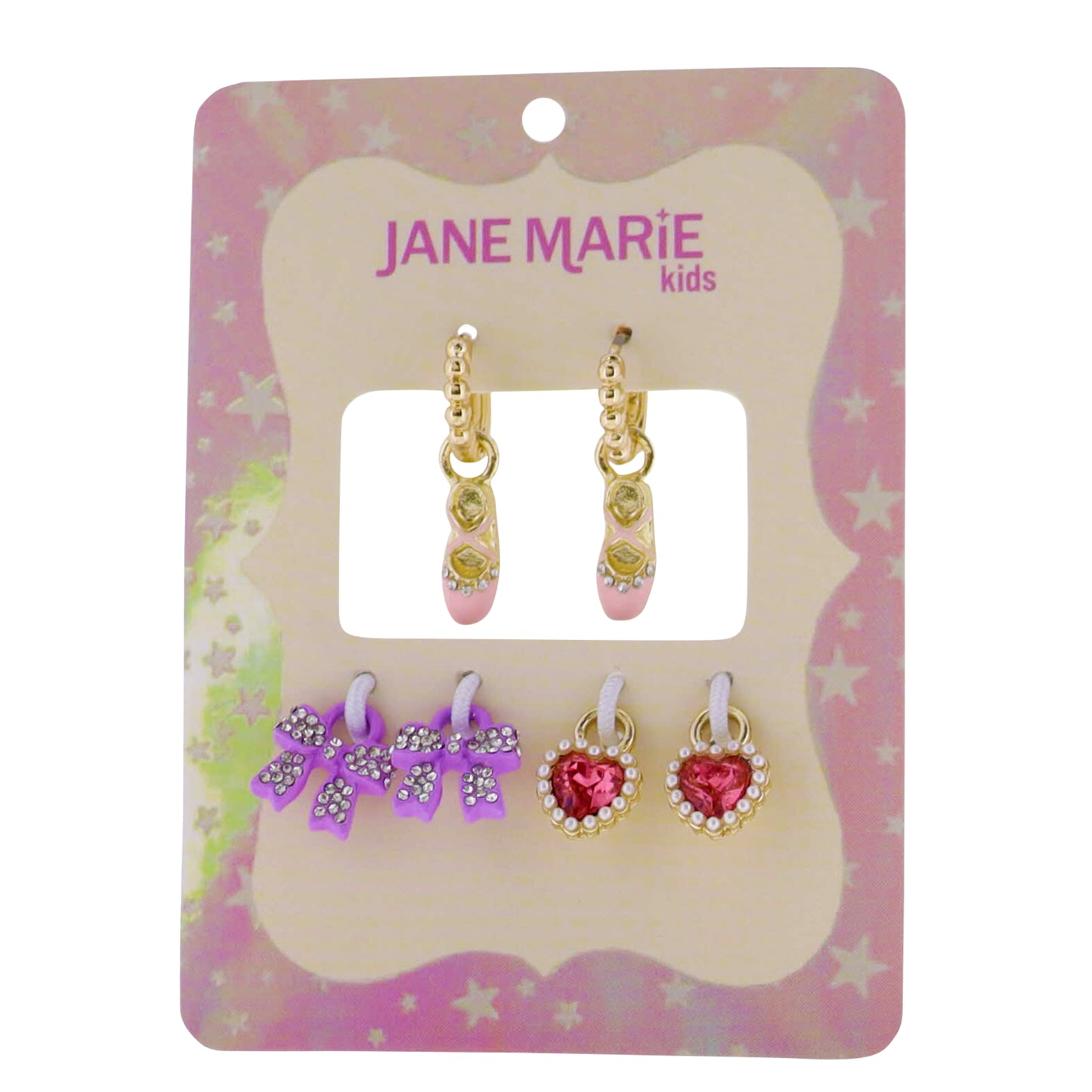 Kids Interchangeable Huggie Earring with Ballet Slipper, Purple Bow, Crystal Heart with Pearls