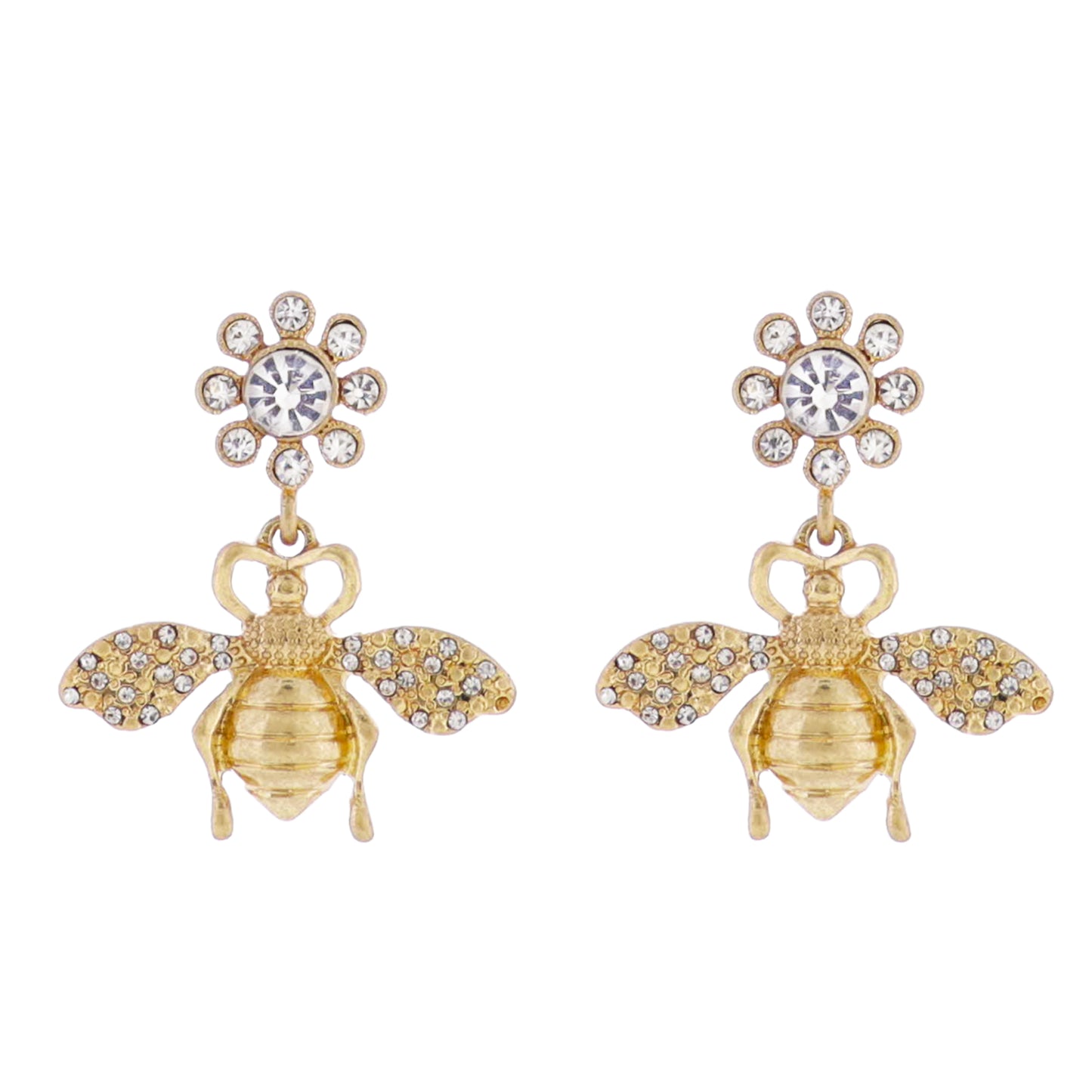 Crystal Flower Post Earring with Gold Bee