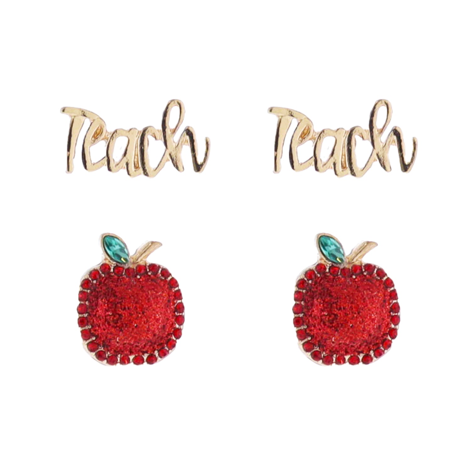 Set of 2, "Teach" Earring with Red Apple