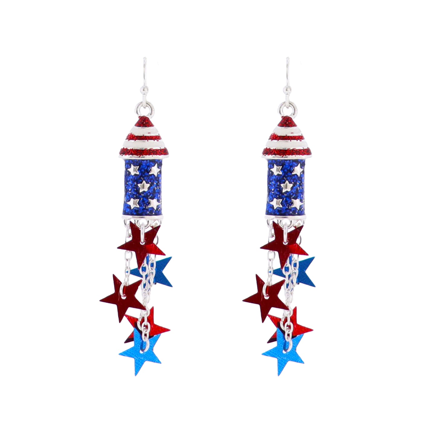 Red, White, Blue, Silver Enamel Firework Earring with Metallic Star Dangles