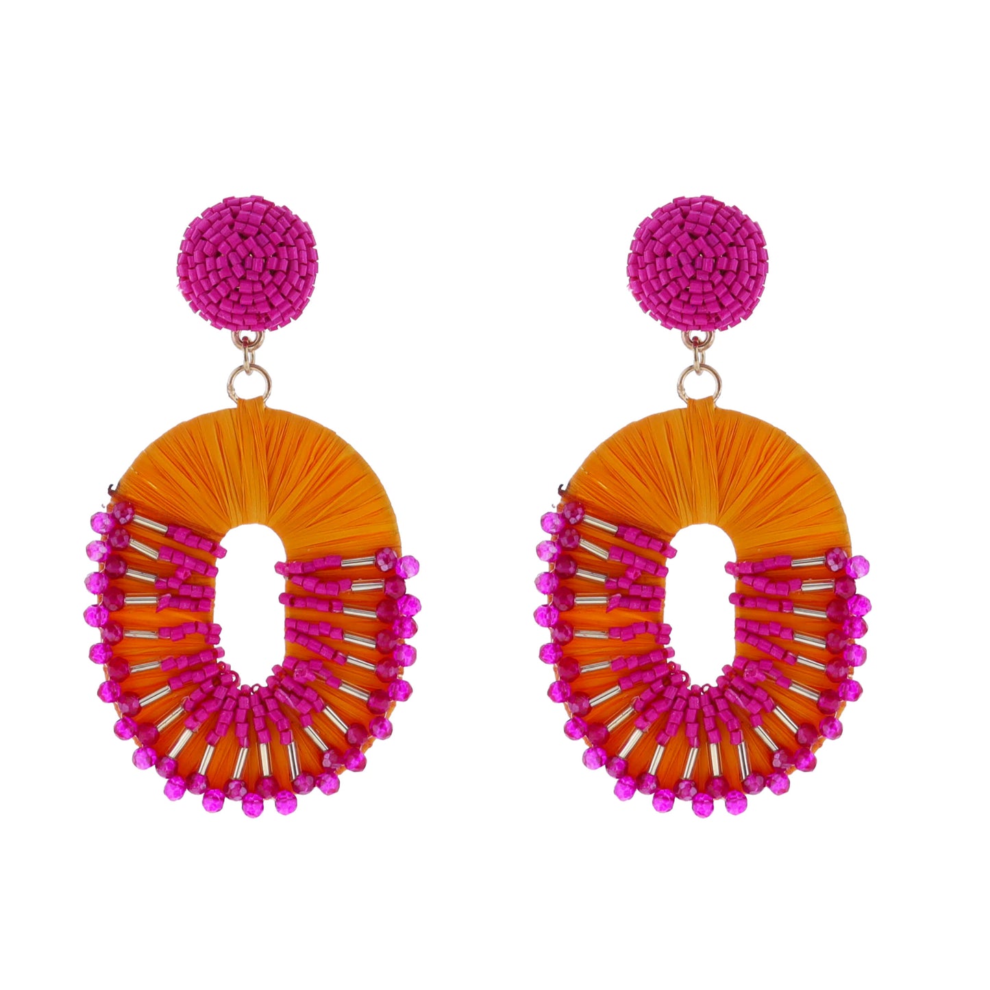 Hot Pink, Orange Raffia Oval Earring with Hot Pink Beads