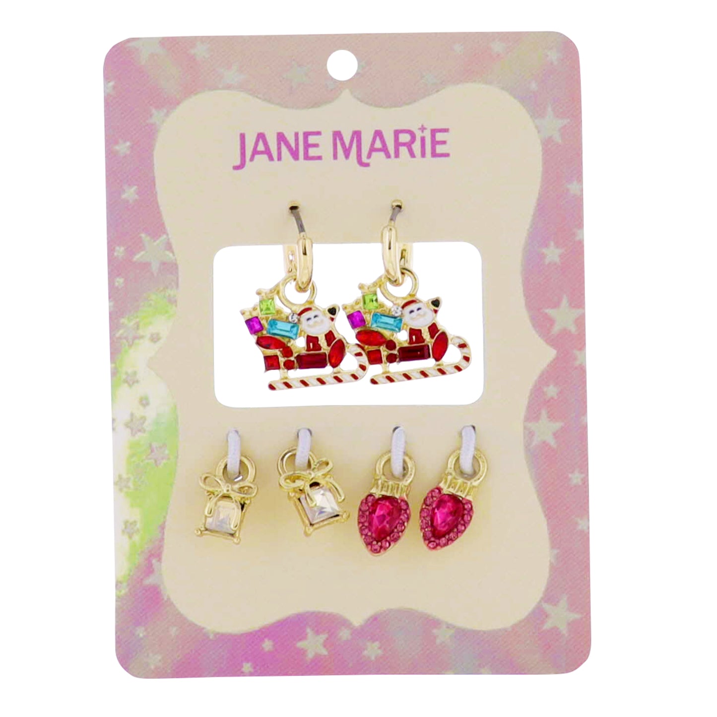 Gold Interchangeable Huggie with Santa in Sleigh, Crystal with Bow, Pink Christmas Bulb