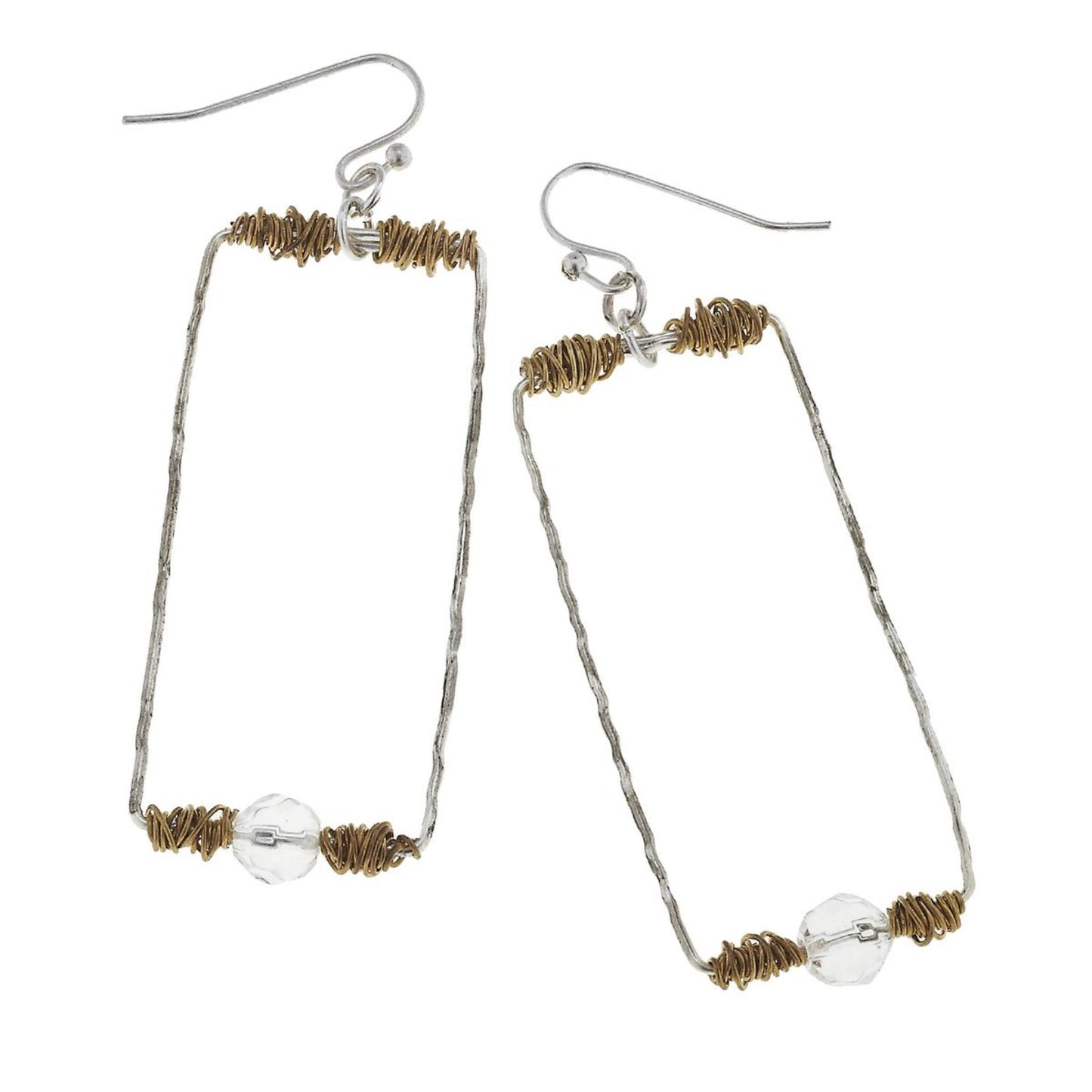 Antique Silver Rectangle with Wire Wrapped Clear Bead Earring