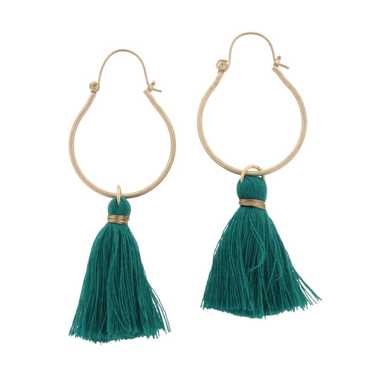 Teal Tassel on Hoop Earring