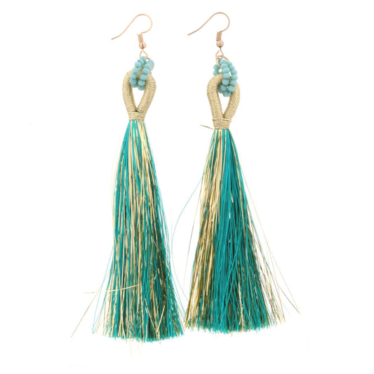 Teal Beaded Threaded Hoop with Teal and Gold Fringe Tassel Earring