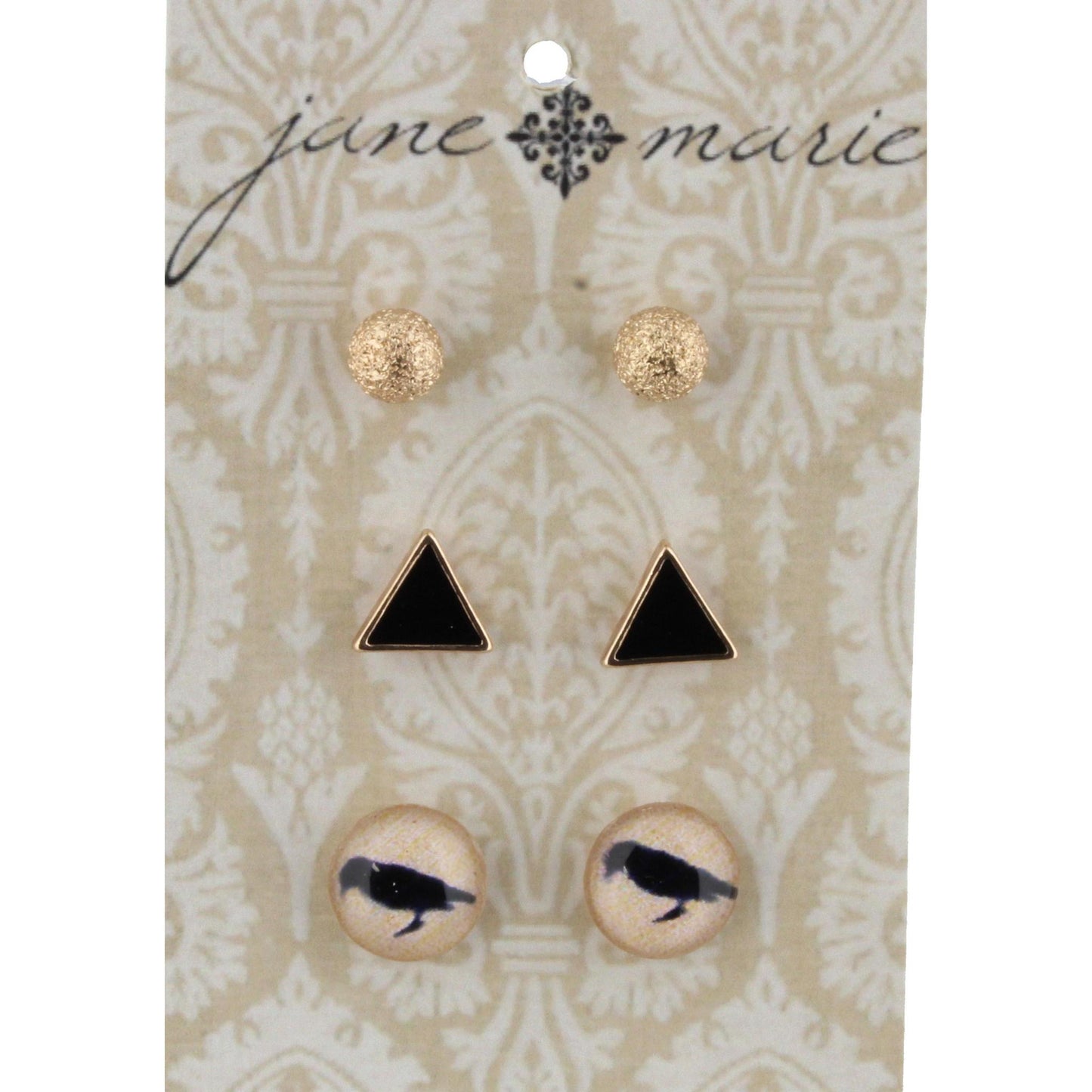 Gold Ball, Jet Epoxy Triangle, and Round Bird Stud Earring Set