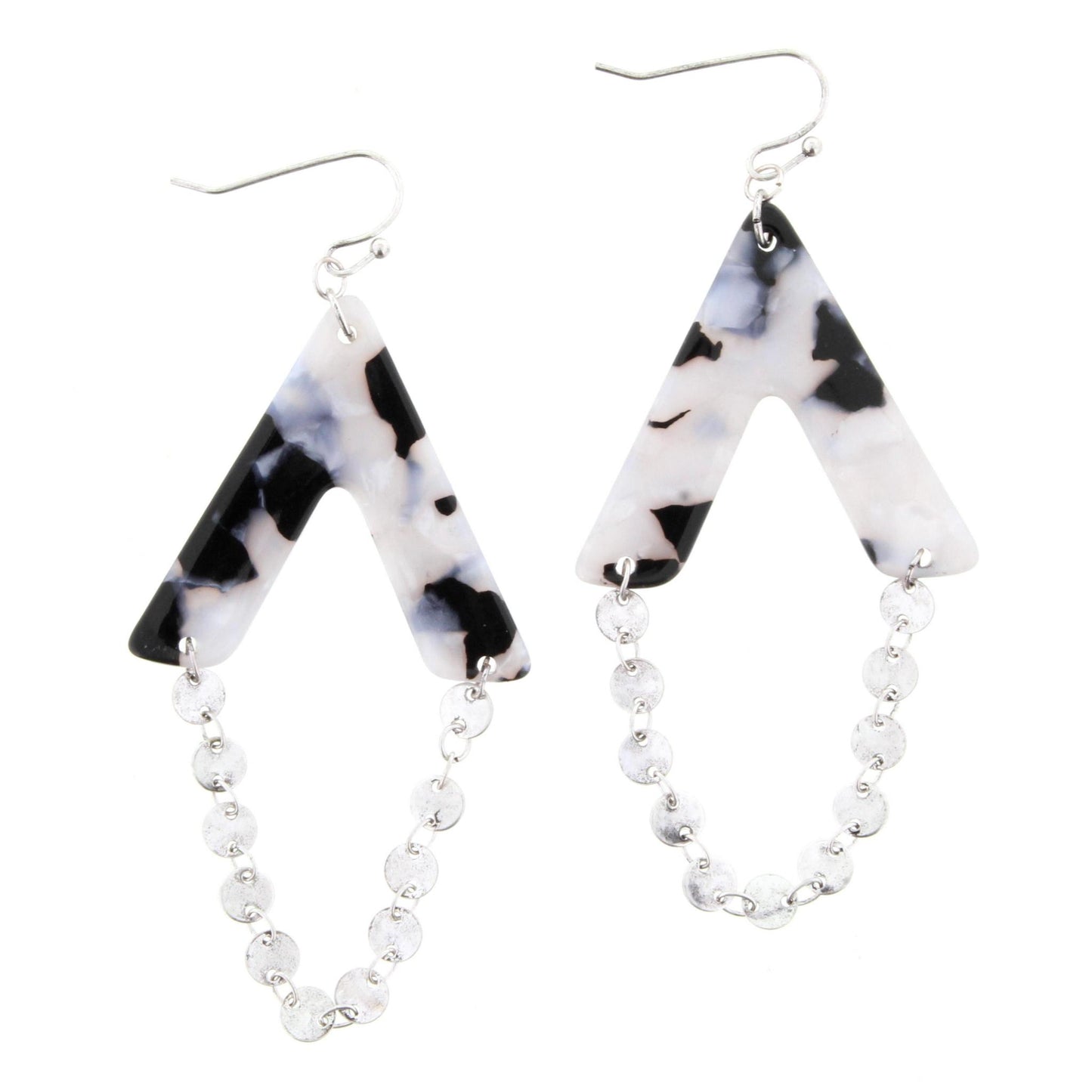 Jet/White Multi Resin V Shape with Silver Disk Chain Dangle Earring