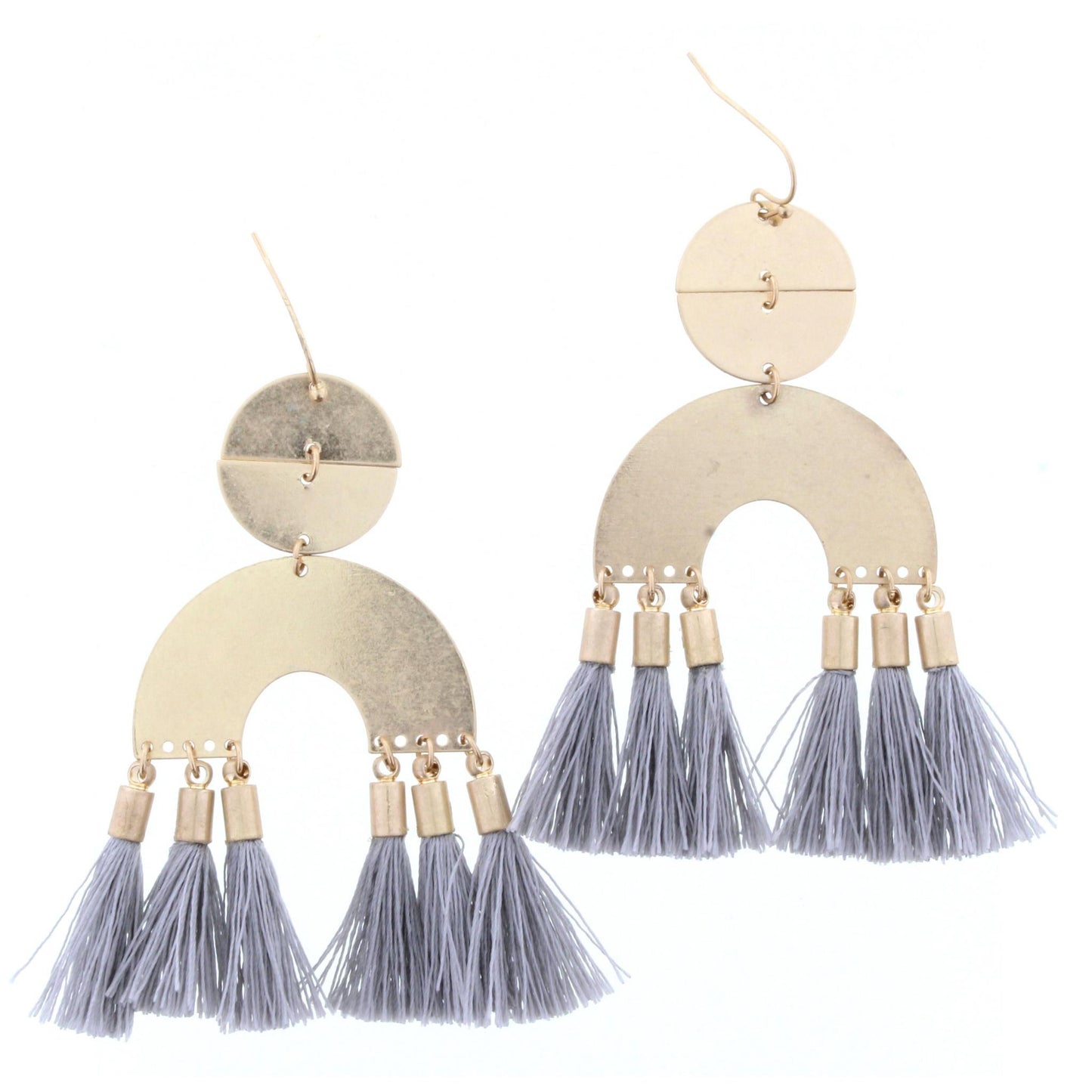 Gold Circle with Arch and Grey Tassels Earring