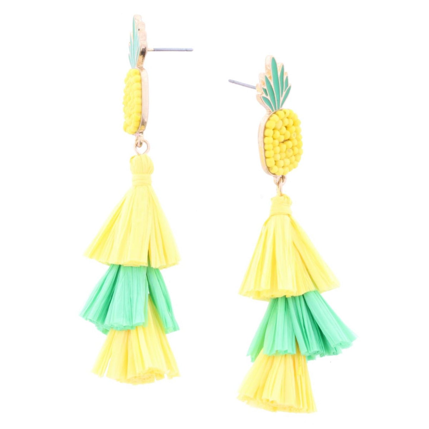 Pineapple Earring with Yellow & Green Rafia Stacked Tassel