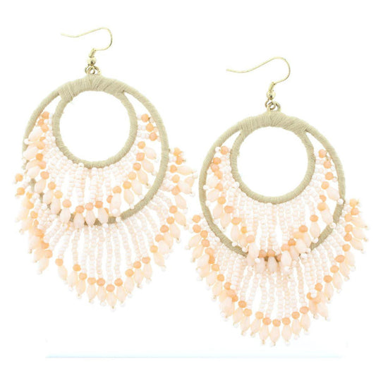 Tan Wrapped Double Circle Earring with Peach & Nude Beaded Dangles