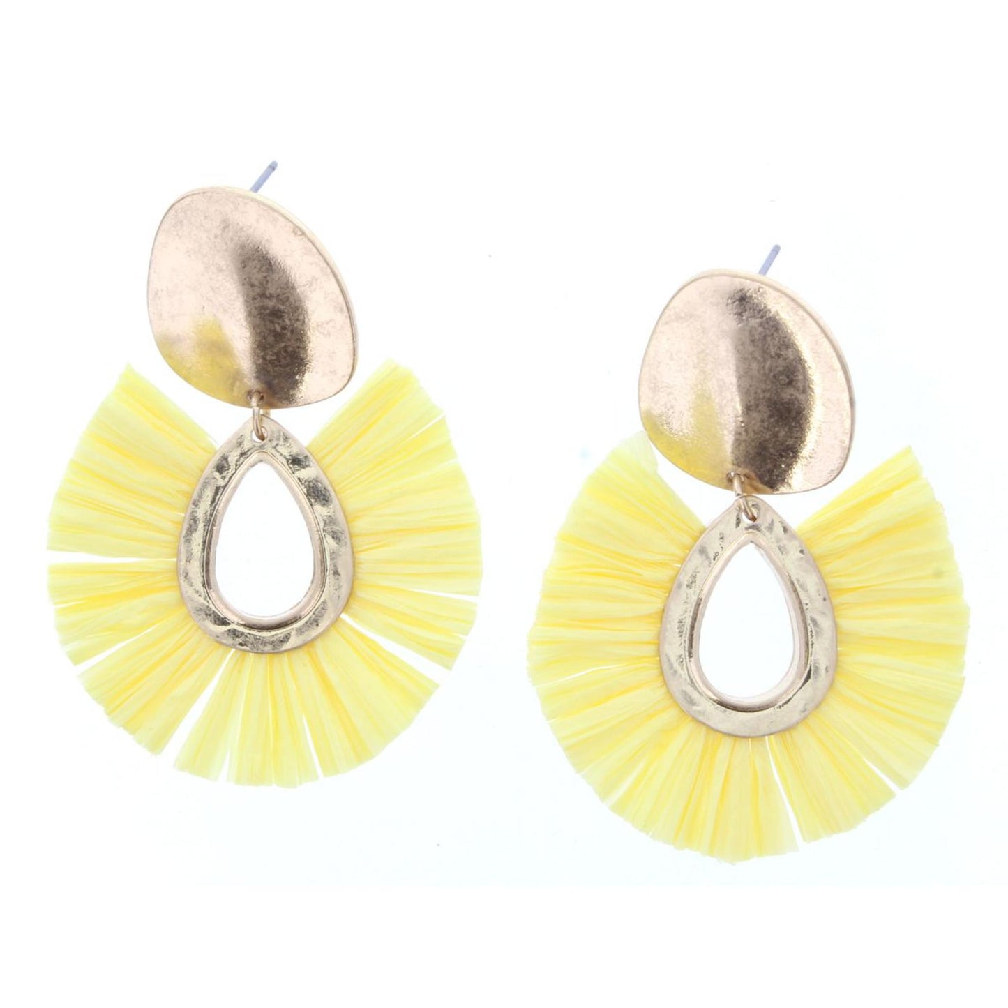 Gold Plate Stud Earring With Yellow Fan Raffia