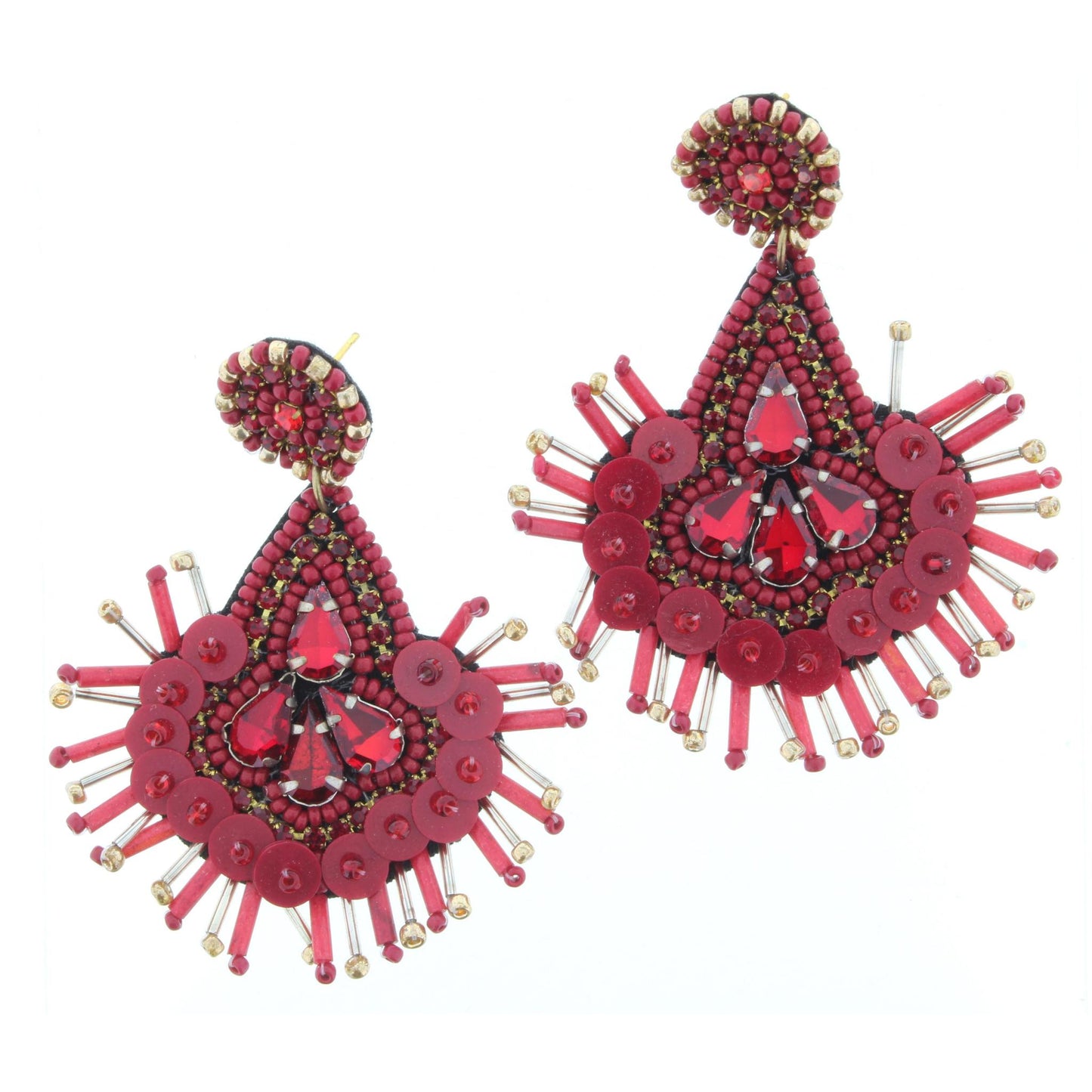 Red and Gold Seed Beaded Circle Stud with Fringed Teardop Earring