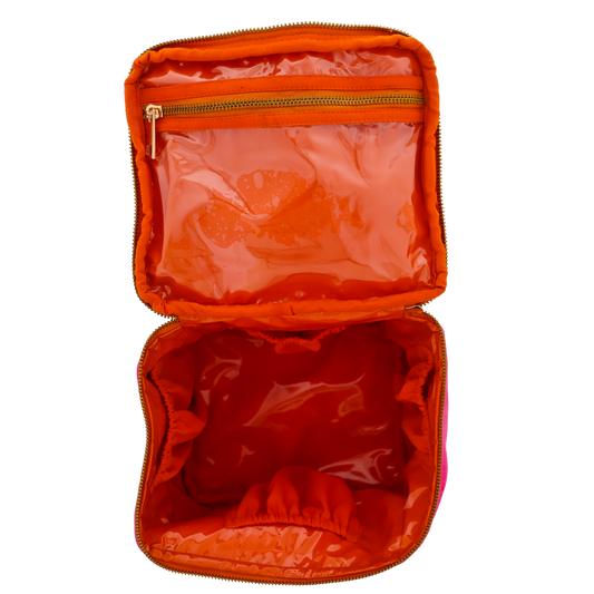 Hot Pink Cube Zipper Pouch - Viscose Velvet Travel Organizer