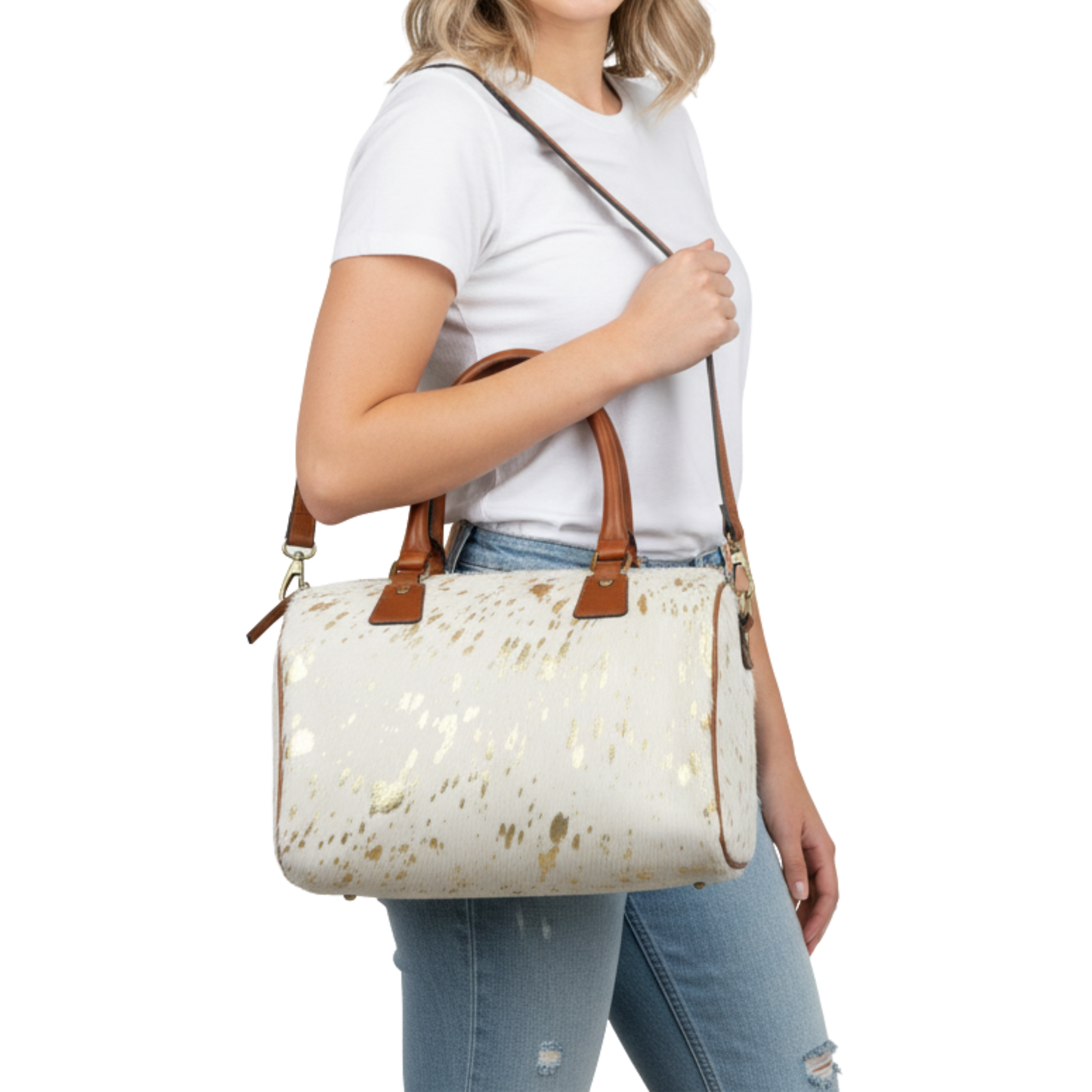 Mable Zippy Natural Cow Hair-On Leather Handbag - Brown Leather Trim