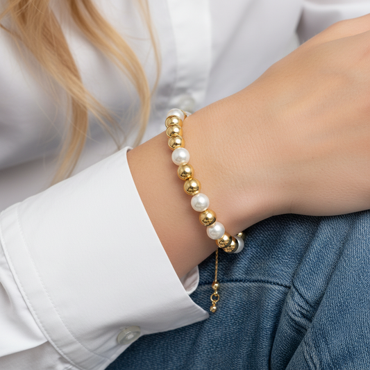 18K Gold Plated Pearl, Gold 1, 3, 1, 2 Pattern Large Beaded Bracelet