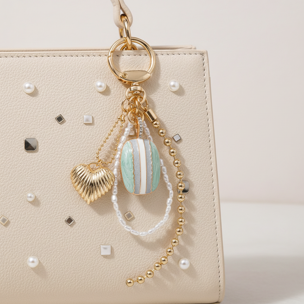 Pearl, Gold & Mint Multi-Strand Keychain & Bag Charm with Heart & Enamel Stone