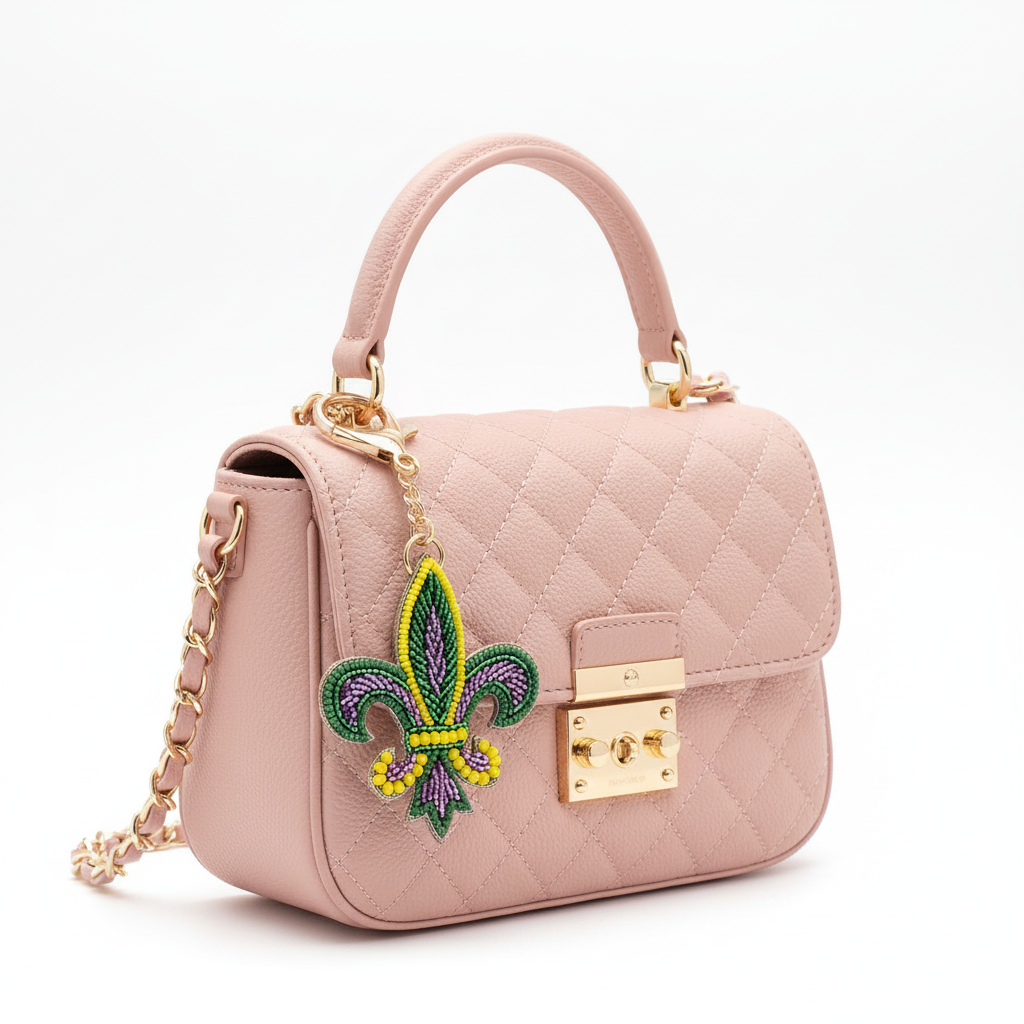 Green Yellow Purple Beaded Fleur De Lis Keychain & Bag Charm