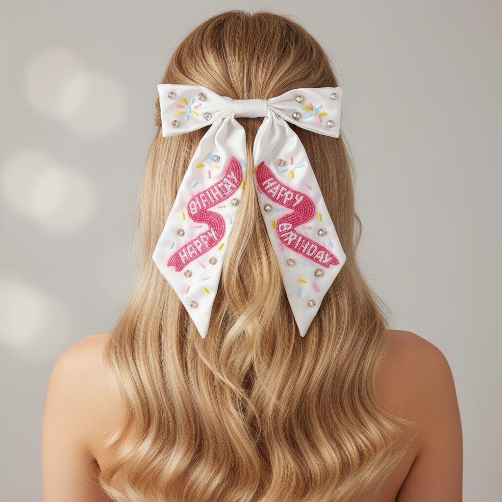 White Satin Beaded Hair Bow with Happy Birthday Sprinkles