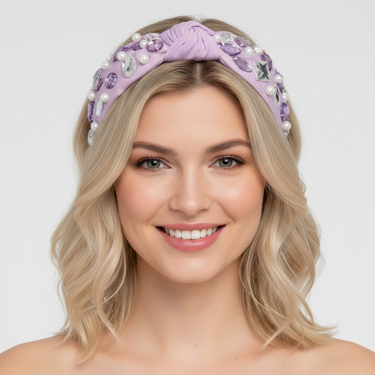 Lavender Knotted with Various Multi Lavender Crystals and Pearls Headband