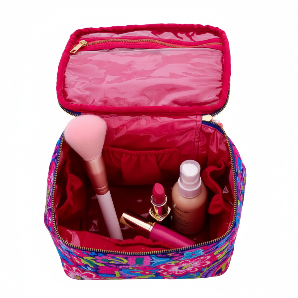 Daring Floral Cube Zipper Pouch - Viscose Velvet Travel Organizer