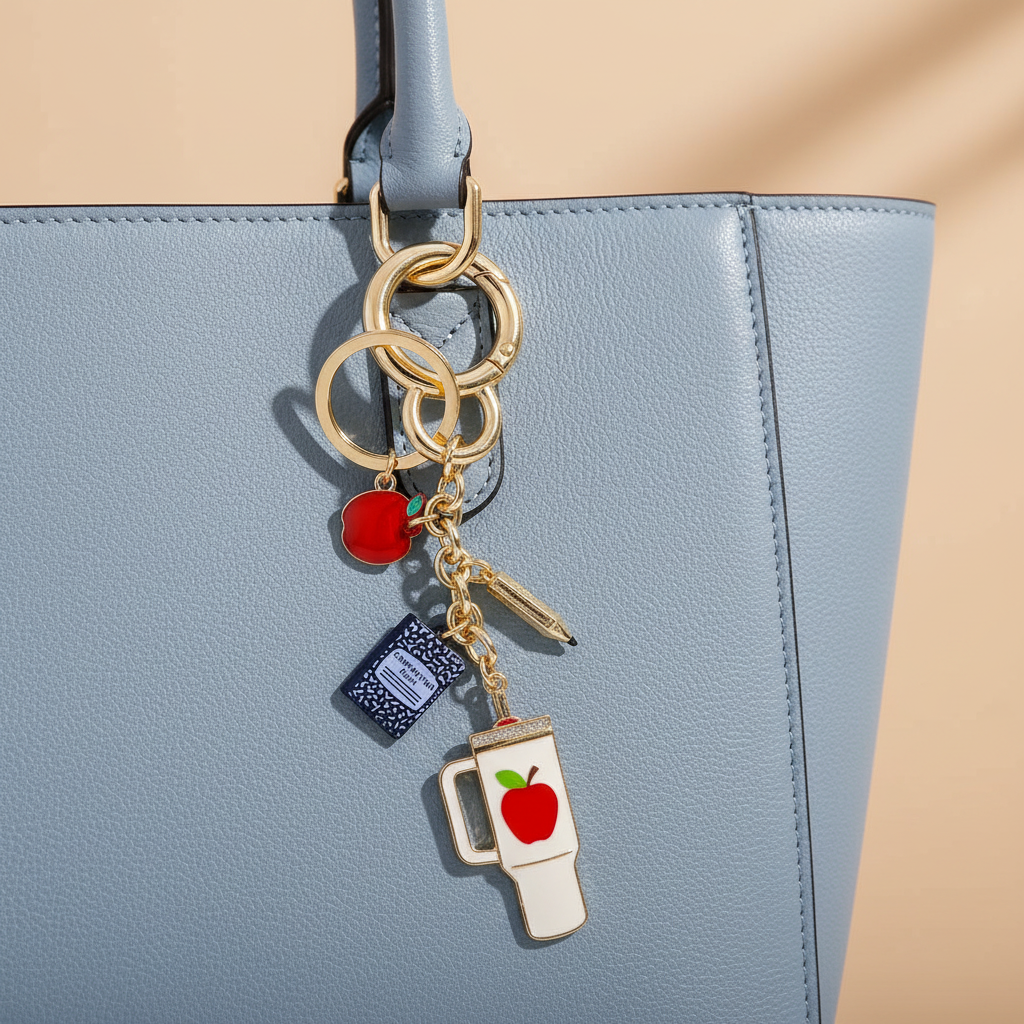 White, Red, Black Tumbler Cup Keychain with Notebook, Pencil & Apple Charms