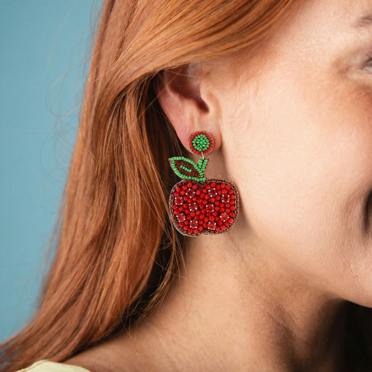 Red, Green Beaded Apple Earring