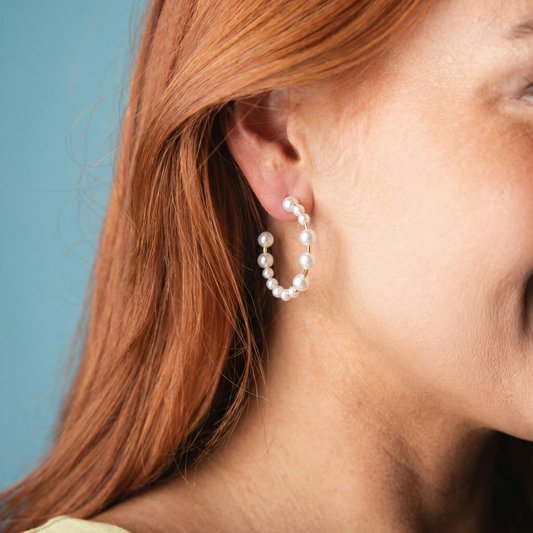 18K Gold Plated Multi Sized Pearl Hoop Earring