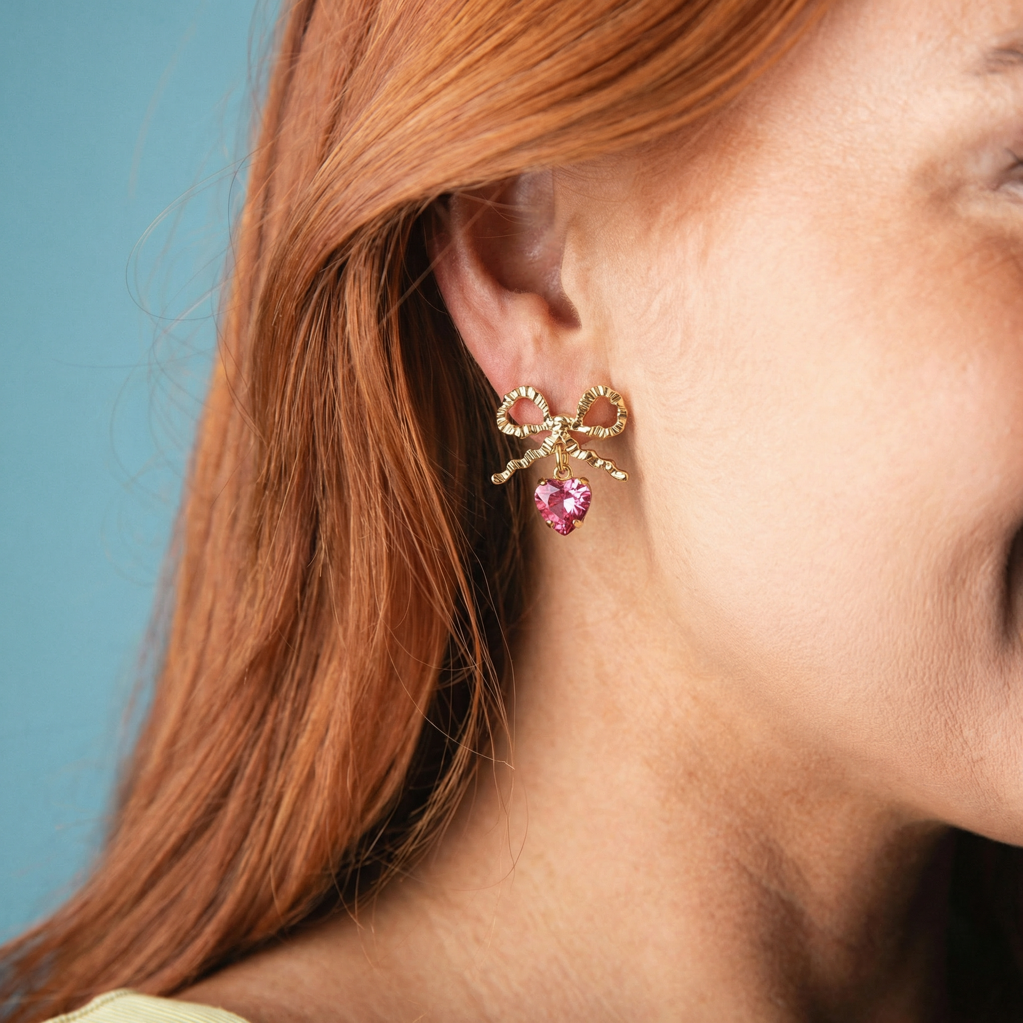 Gold Bow Earring with Pink Crystal Heart