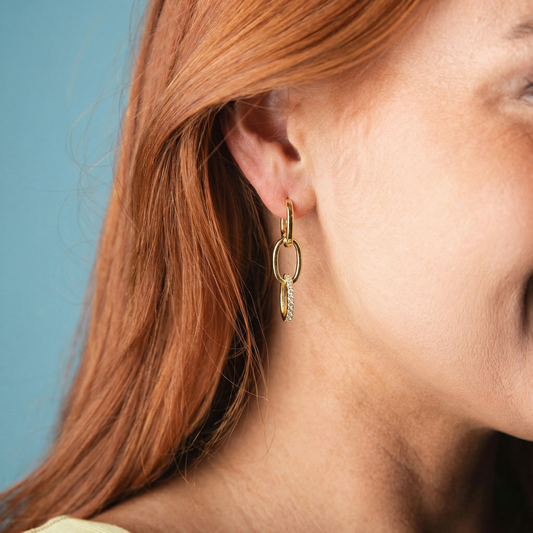 Golden Trio! 18K Gold Plated Huggie, Pink Crystal Huggie, Dangle with Crystal Link Earrings Set