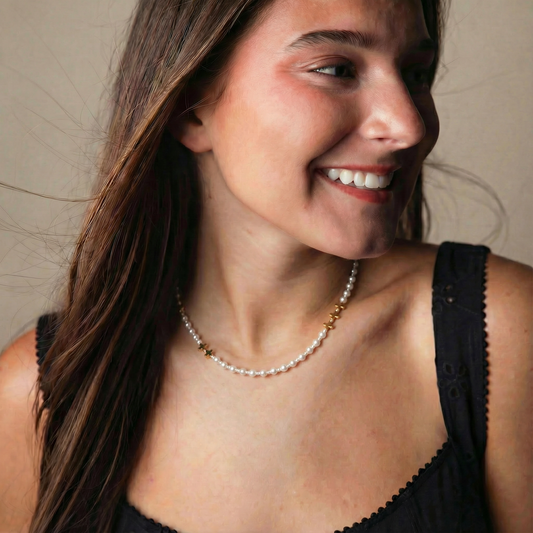 18K Gold Plated Gold, Pearl 4mm, 8mm Beaded Necklace with Gold Crosses in Body