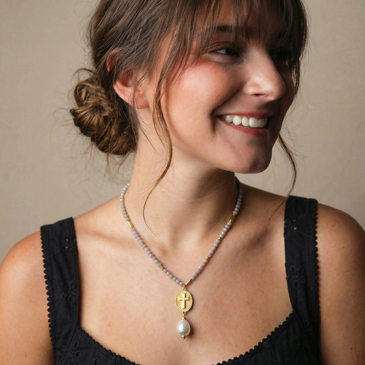 30" Gold Cross with Pearl Drop on Grey Body Necklace, 2" Ext